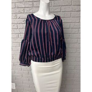 OLM Women Navy Satin Striped Blouse Top Size M